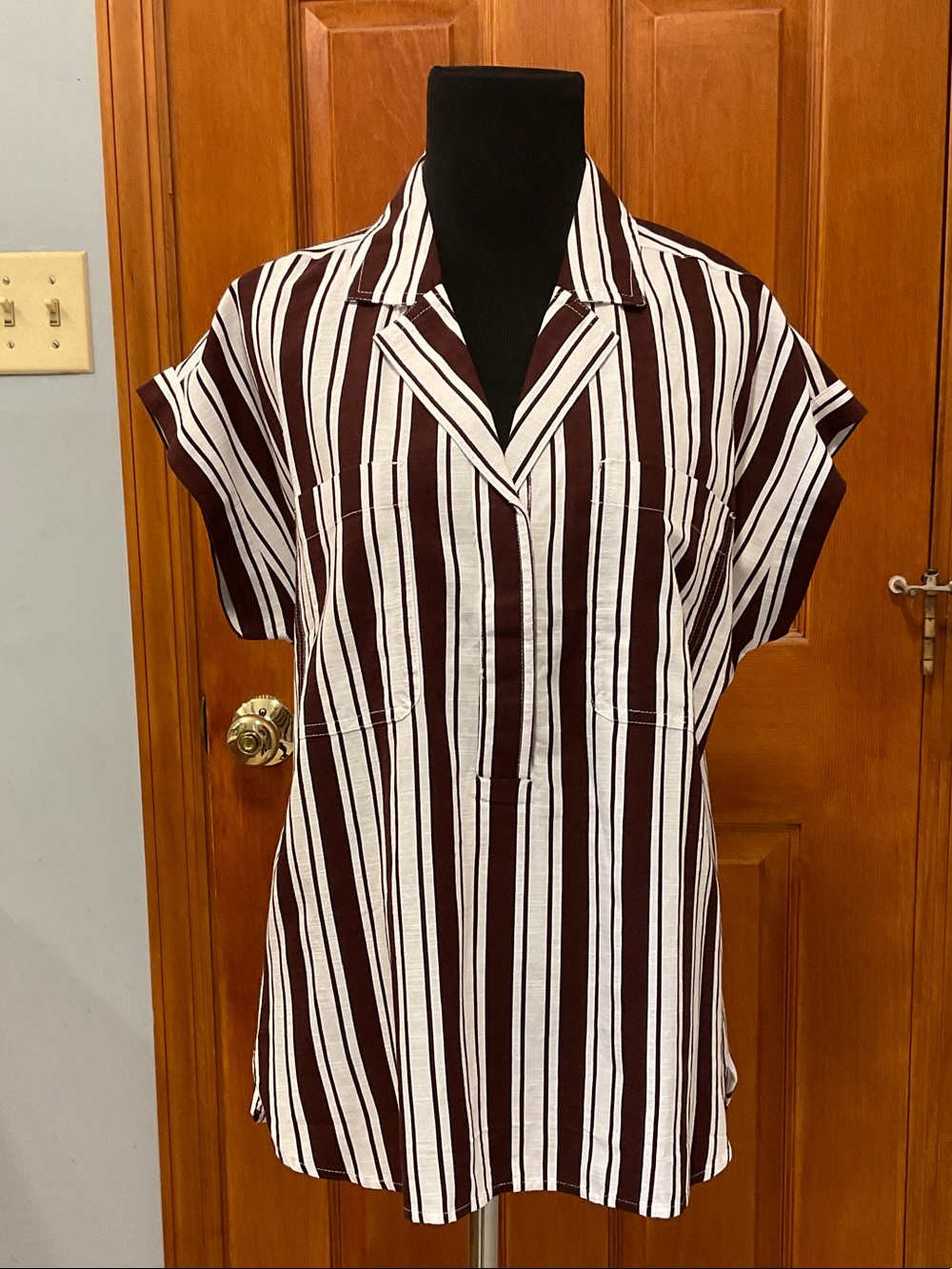 LOFT Striped Short-Sleeve Tunic Top - White & Brown